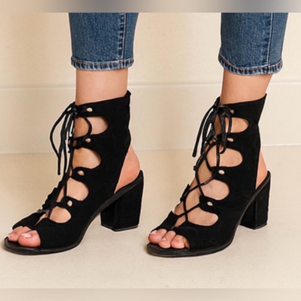 Black Suede Lace Up Block Heel